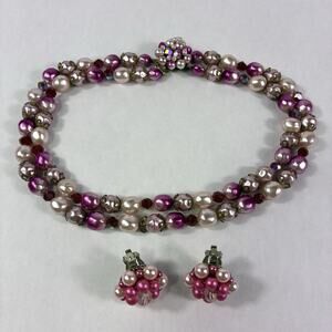 Vintage Beaded Necklace Pink Purple White w/ Earrings